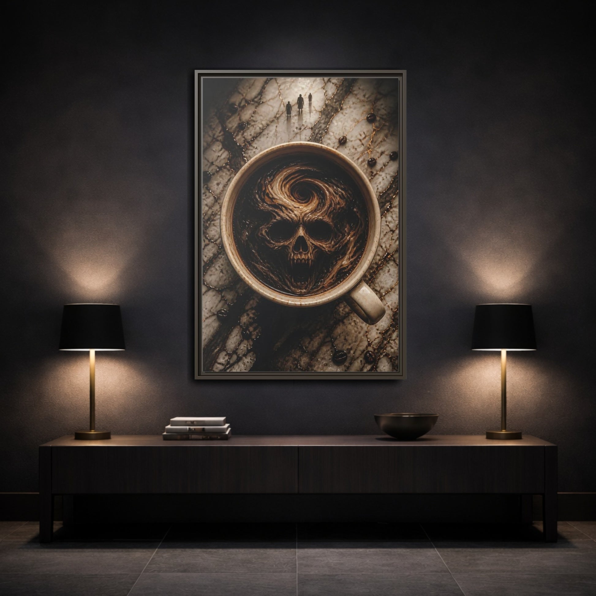 Mockup 3. Horror Demonic Skull Dark Skull Coffee shown as stretched canvas wall art