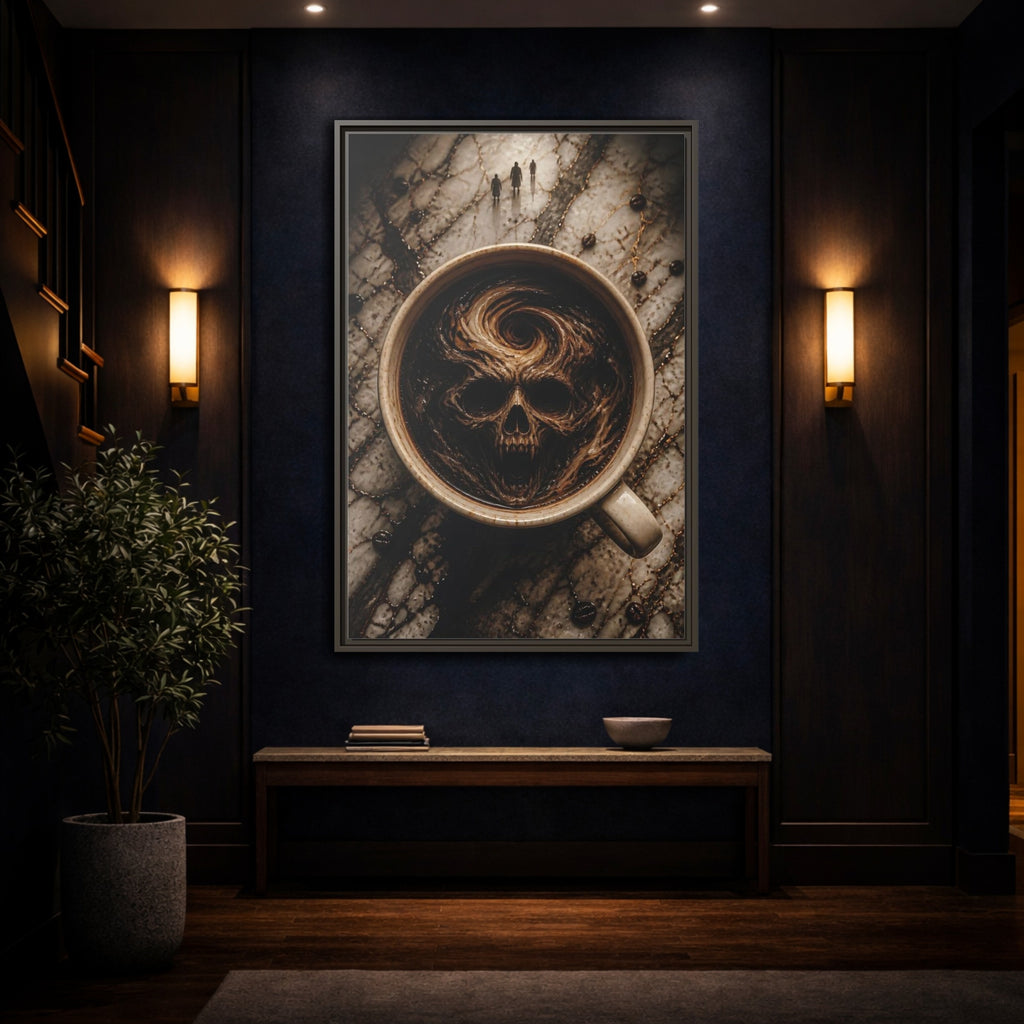 Mockup 4. Horror Demonic Skull Dark Skull Coffee shown as stretched canvas wall art