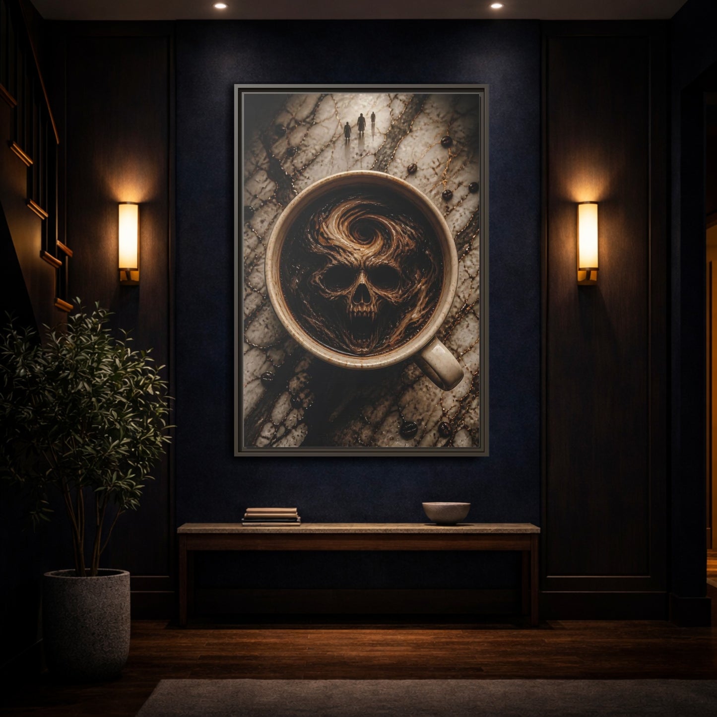 Mockup 4. Horror Demonic Skull Dark Skull Coffee shown as stretched canvas wall art