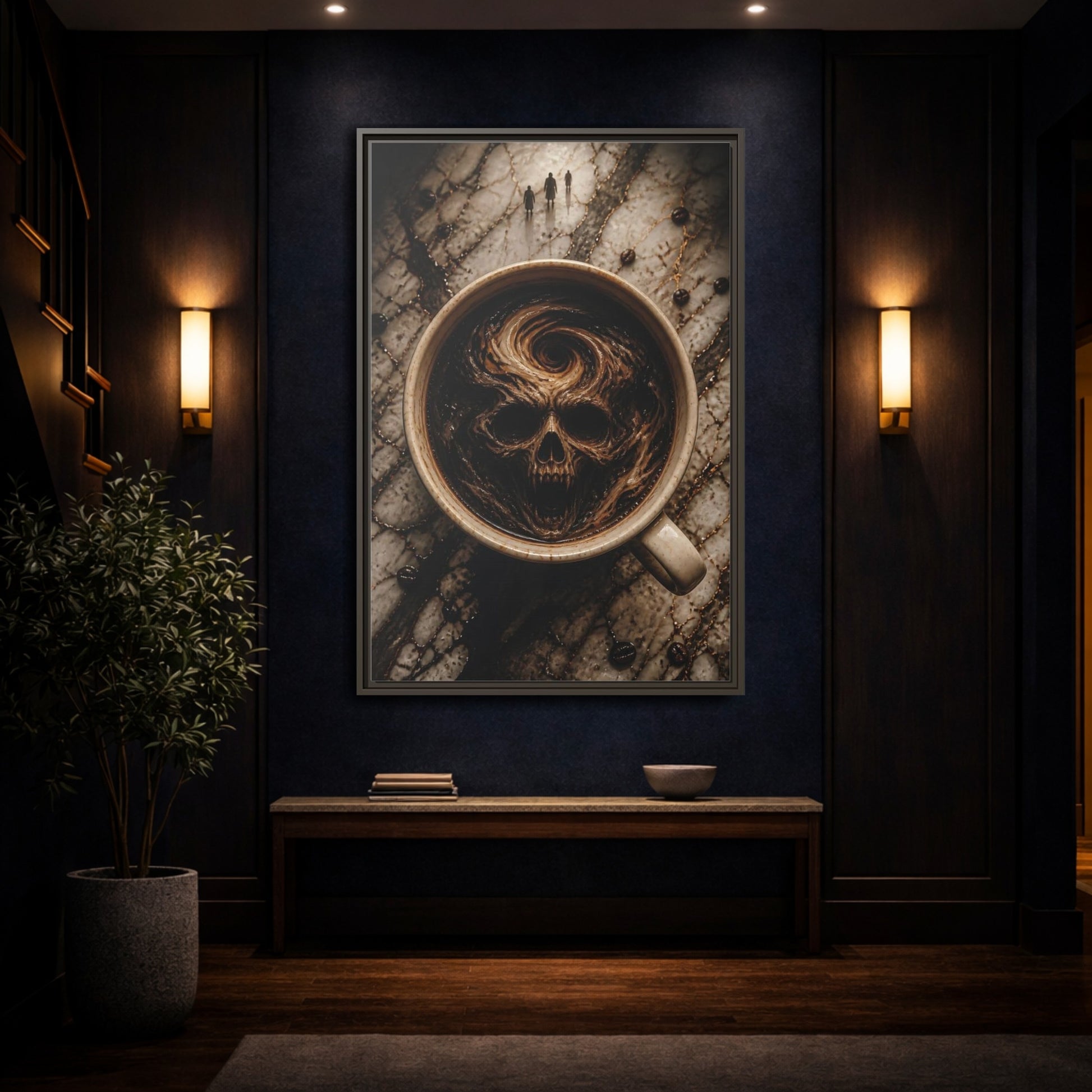 Mockup 4. Horror Demonic Skull Dark Skull Coffee shown as stretched canvas wall art