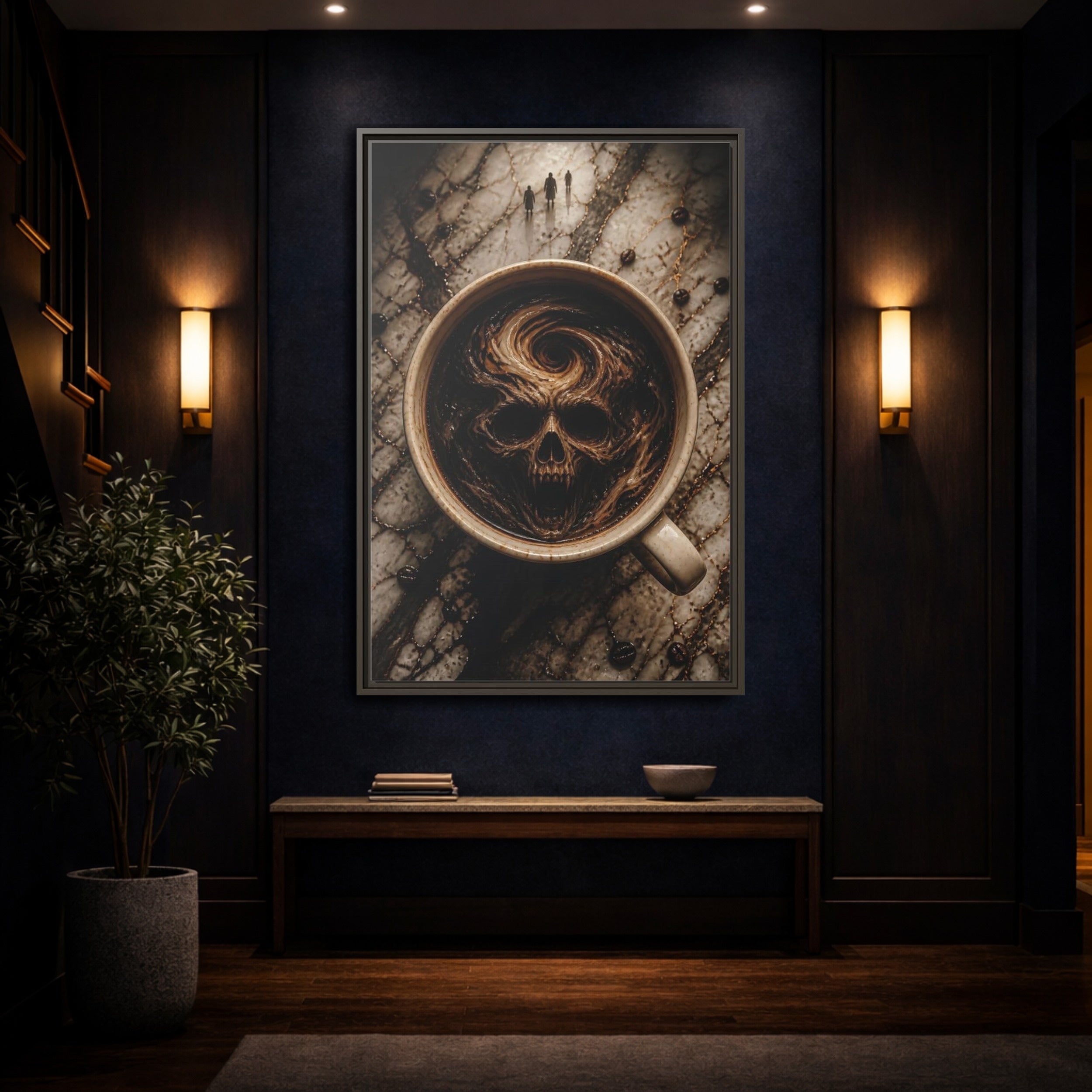 Mockup 4. Horror Demonic Skull Dark Skull Coffee shown as stretched canvas wall art