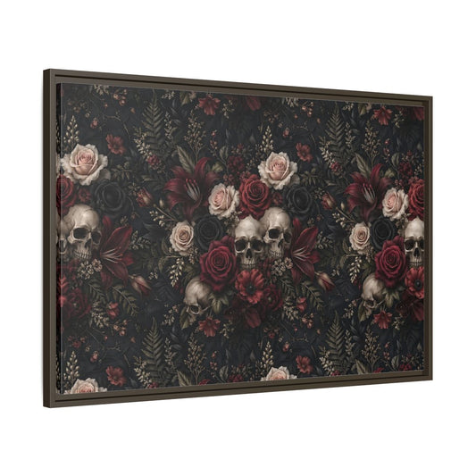 Main Mockup. Horror Floral Skulls Dark Floral Skulls shown as stretched canvas wall art