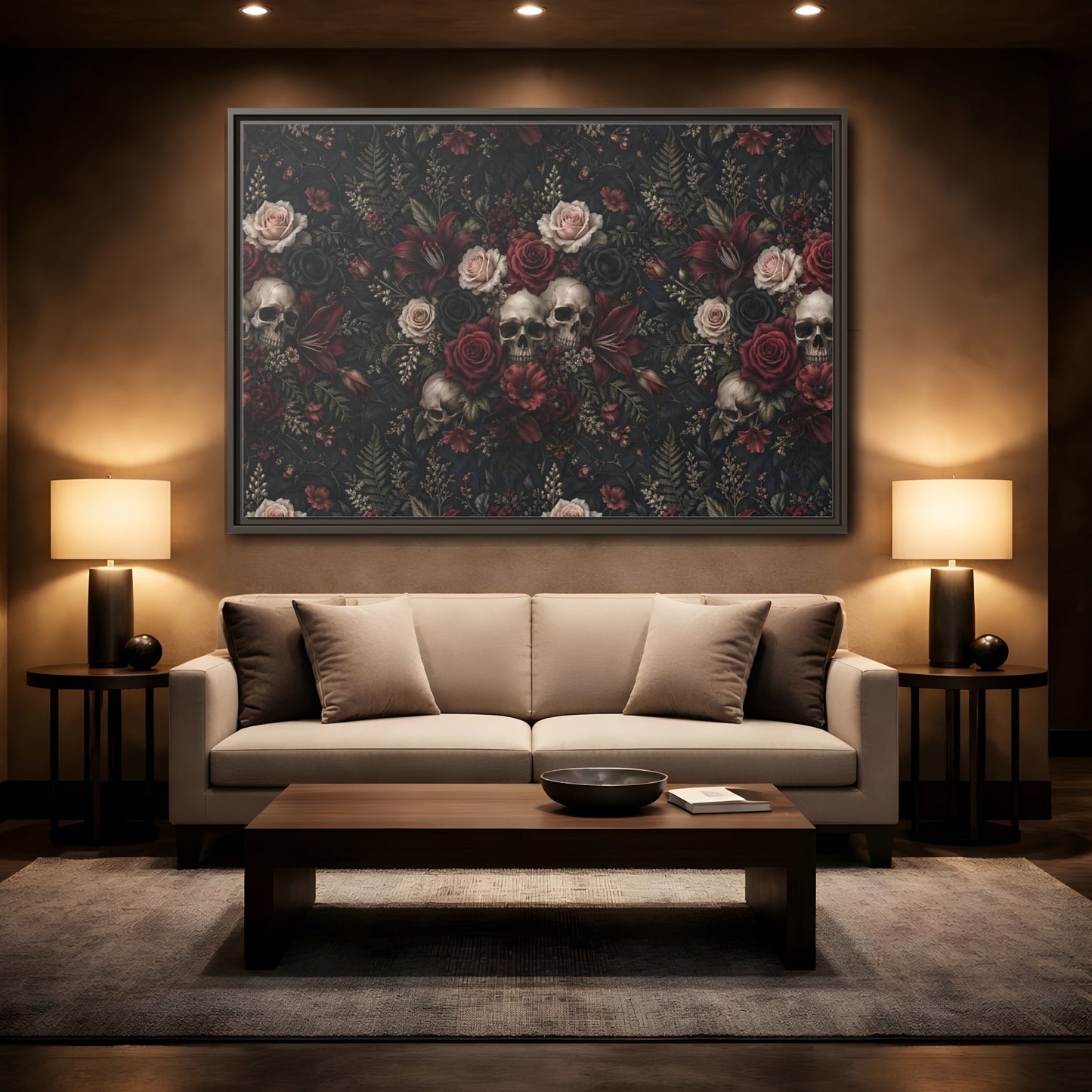Mockup 2. Horror Floral Skulls Dark Floral Skulls shown as stretched canvas wall art