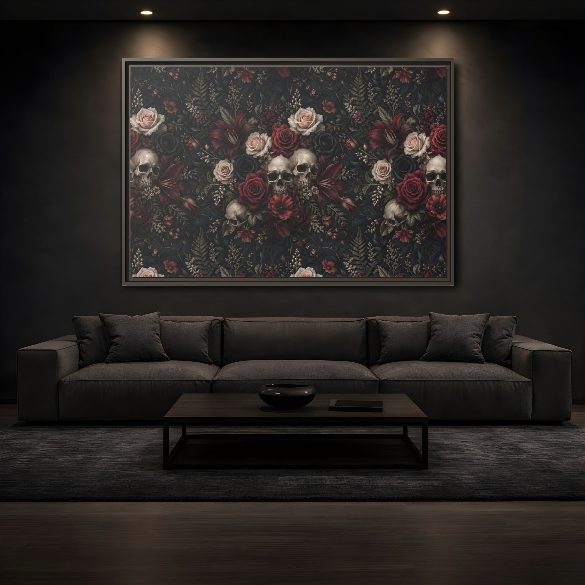 Mockup 3. Horror Floral Skulls Dark Floral Skulls shown as stretched canvas wall art