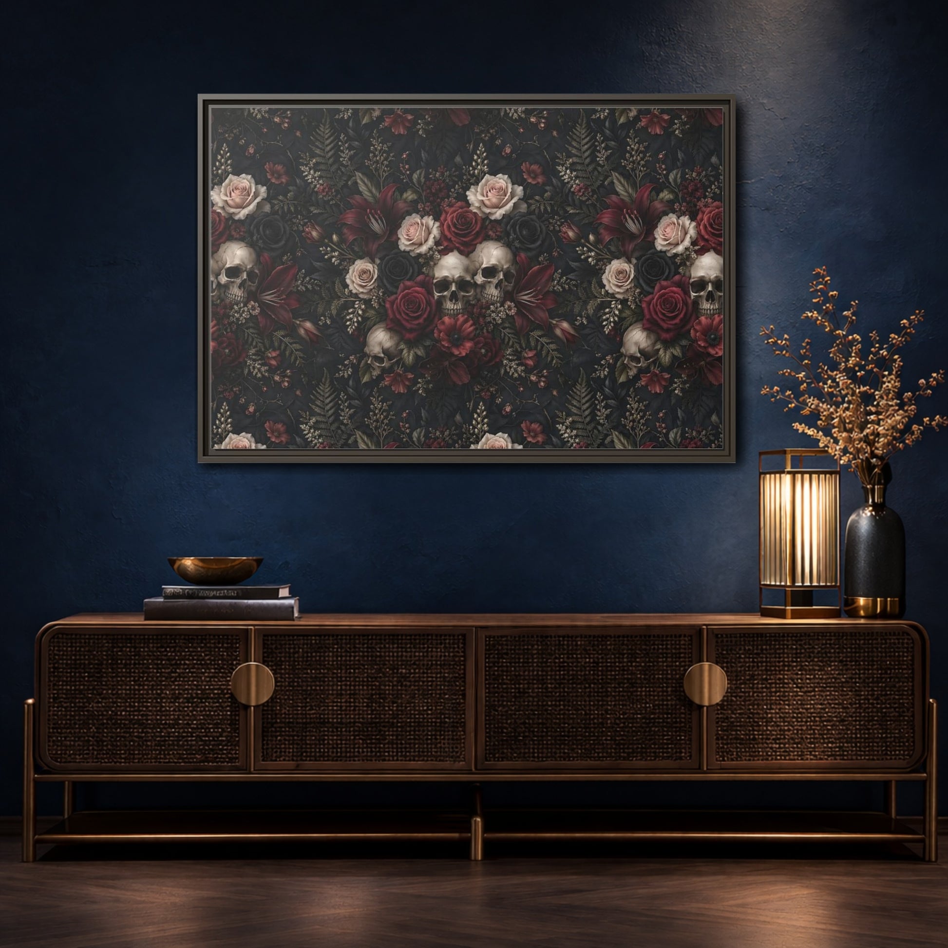 Mockup 4. Horror Floral Skulls Dark Floral Skulls shown as stretched canvas wall art