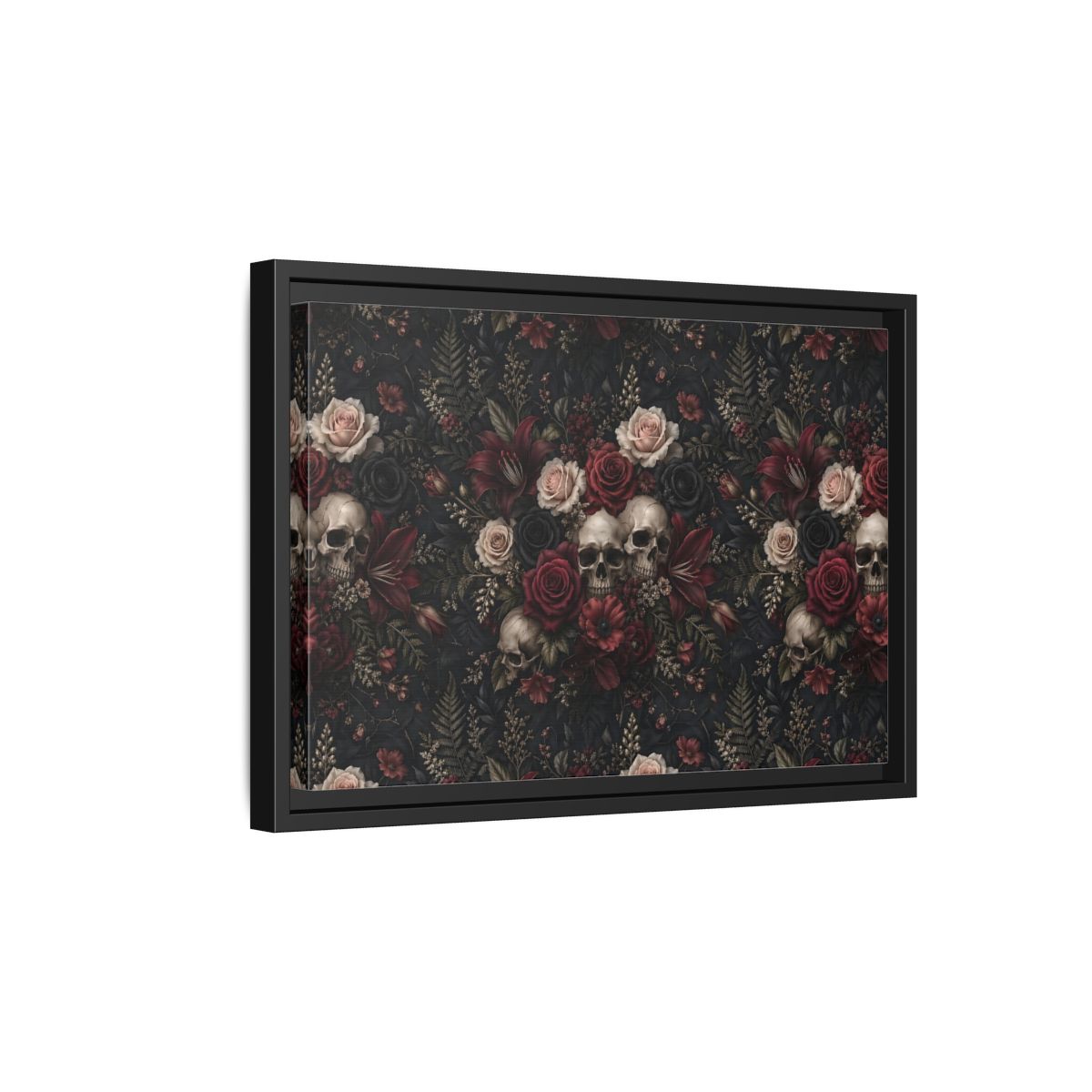 Side Mockup 6. Horror Floral Skulls Dark Floral Skulls shown as stretched canvas wall art