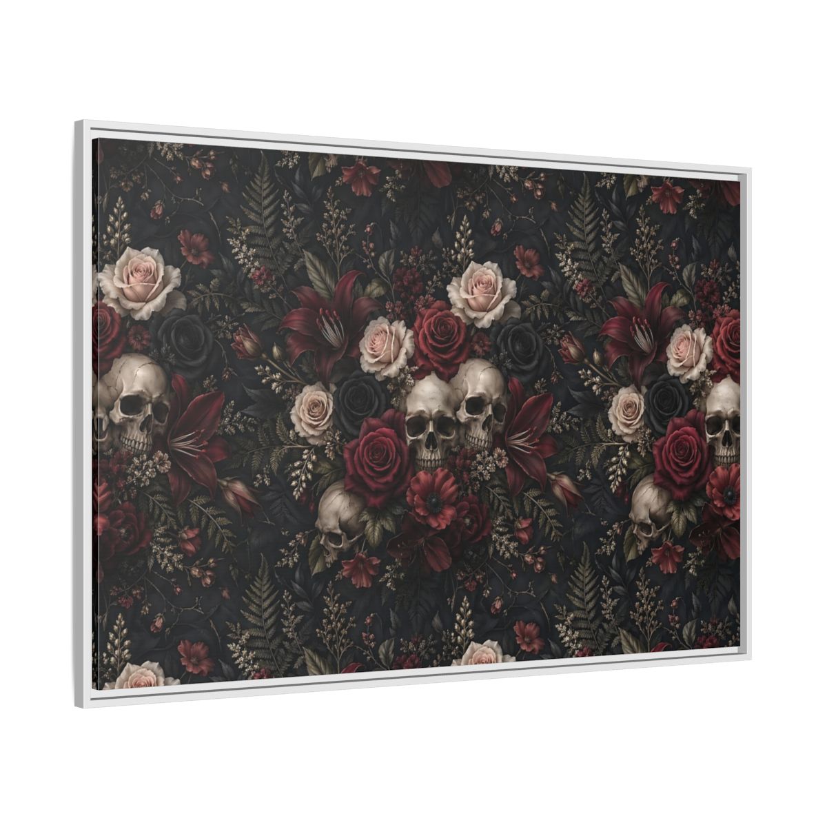 Side Mockup 7. Horror Floral Skulls Dark Floral Skulls shown as stretched canvas wall art