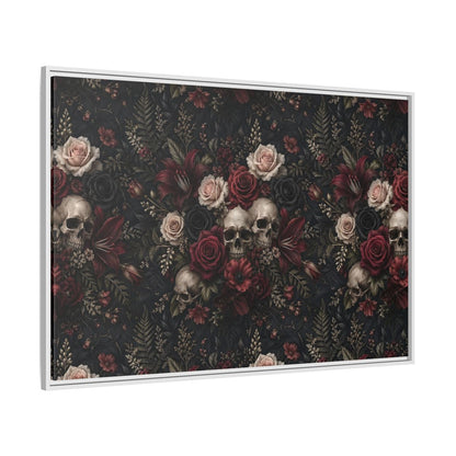 Side Mockup 7. Horror Floral Skulls Dark Floral Skulls shown as stretched canvas wall art