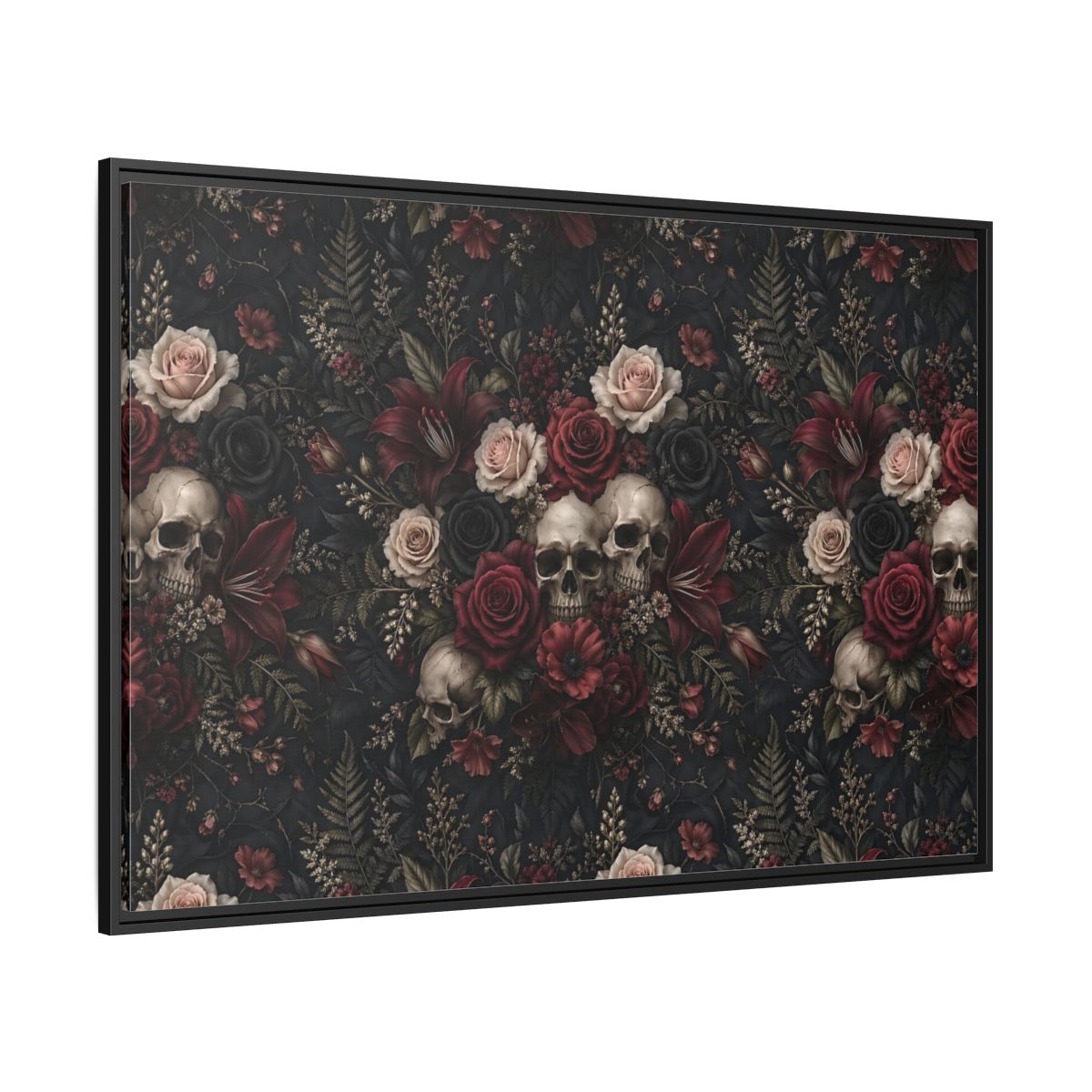 Side Mockup 12. Horror Floral Skulls Dark Floral Skulls shown as stretched canvas wall art