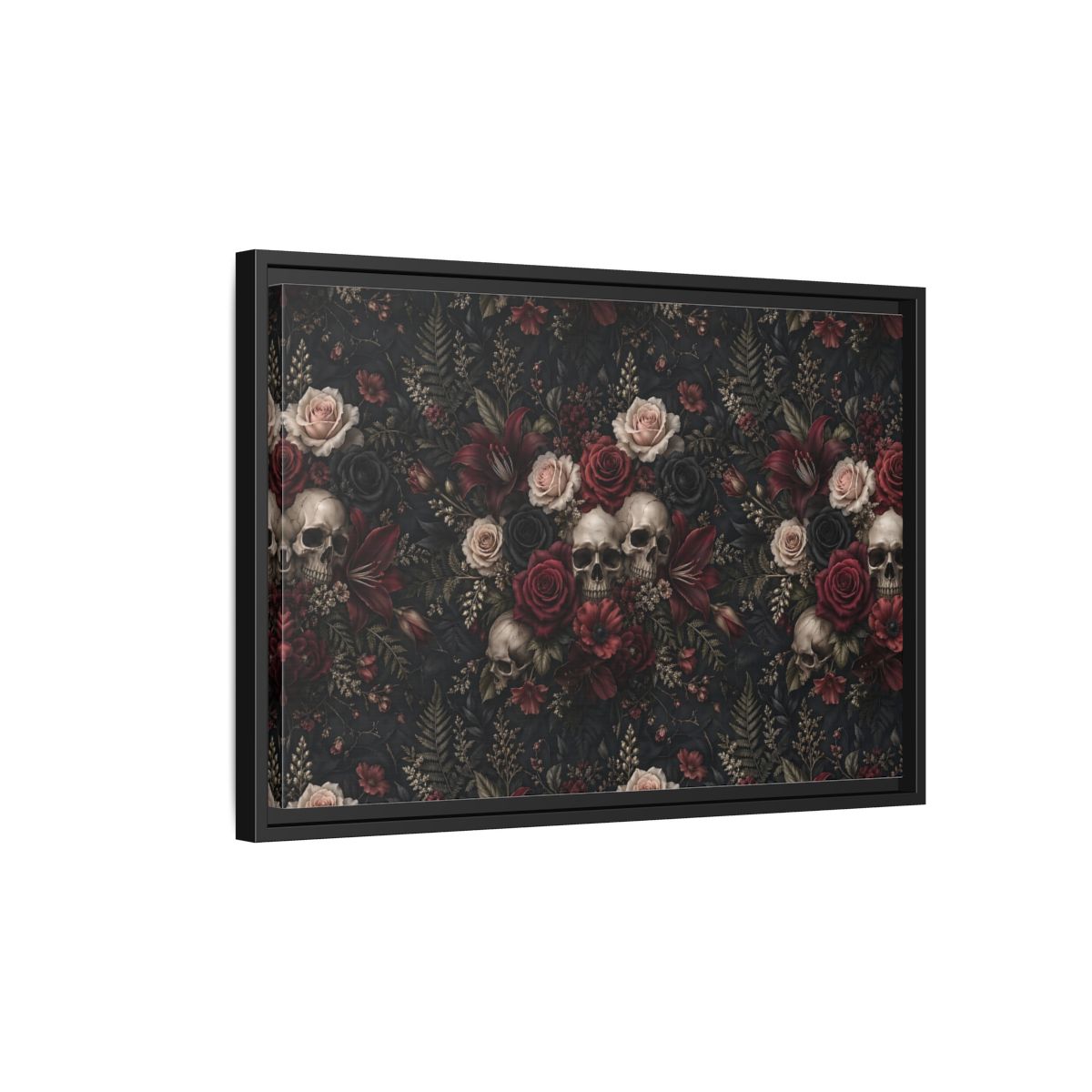 Side Mockup 3. Horror Floral Skulls Dark Floral Skulls shown as stretched canvas wall art