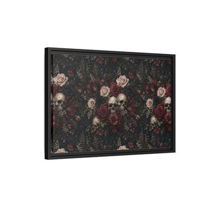 Side Mockup 3. Horror Floral Skulls Dark Floral Skulls shown as stretched canvas wall art