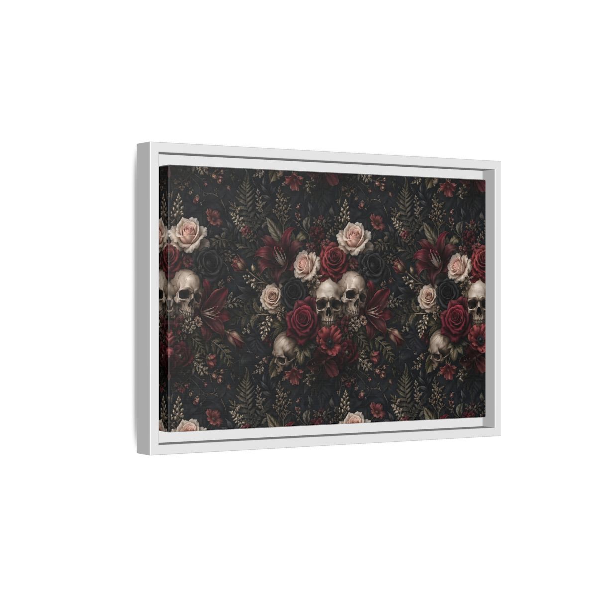 Side Mockup 4. Horror Floral Skulls Dark Floral Skulls shown as stretched canvas wall art