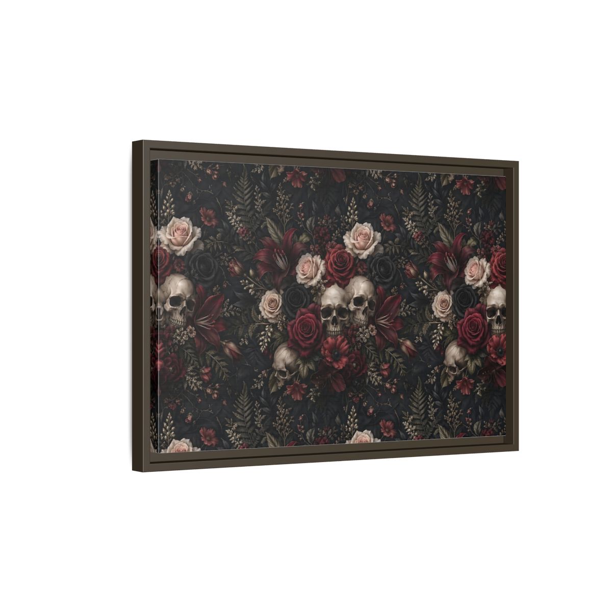 Side Mockup 2. Horror Floral Skulls Dark Floral Skulls shown as stretched canvas wall art