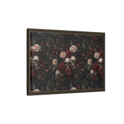 Side Mockup 2. Horror Floral Skulls Dark Floral Skulls shown as stretched canvas wall art