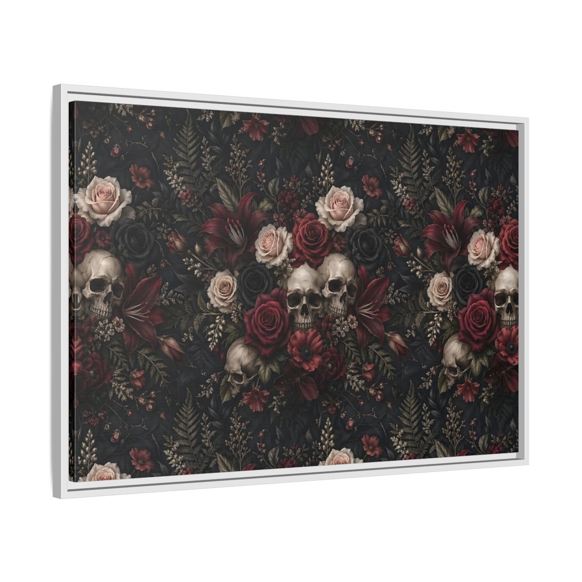 Side Mockup 9. Horror Floral Skulls Dark Floral Skulls shown as stretched canvas wall art