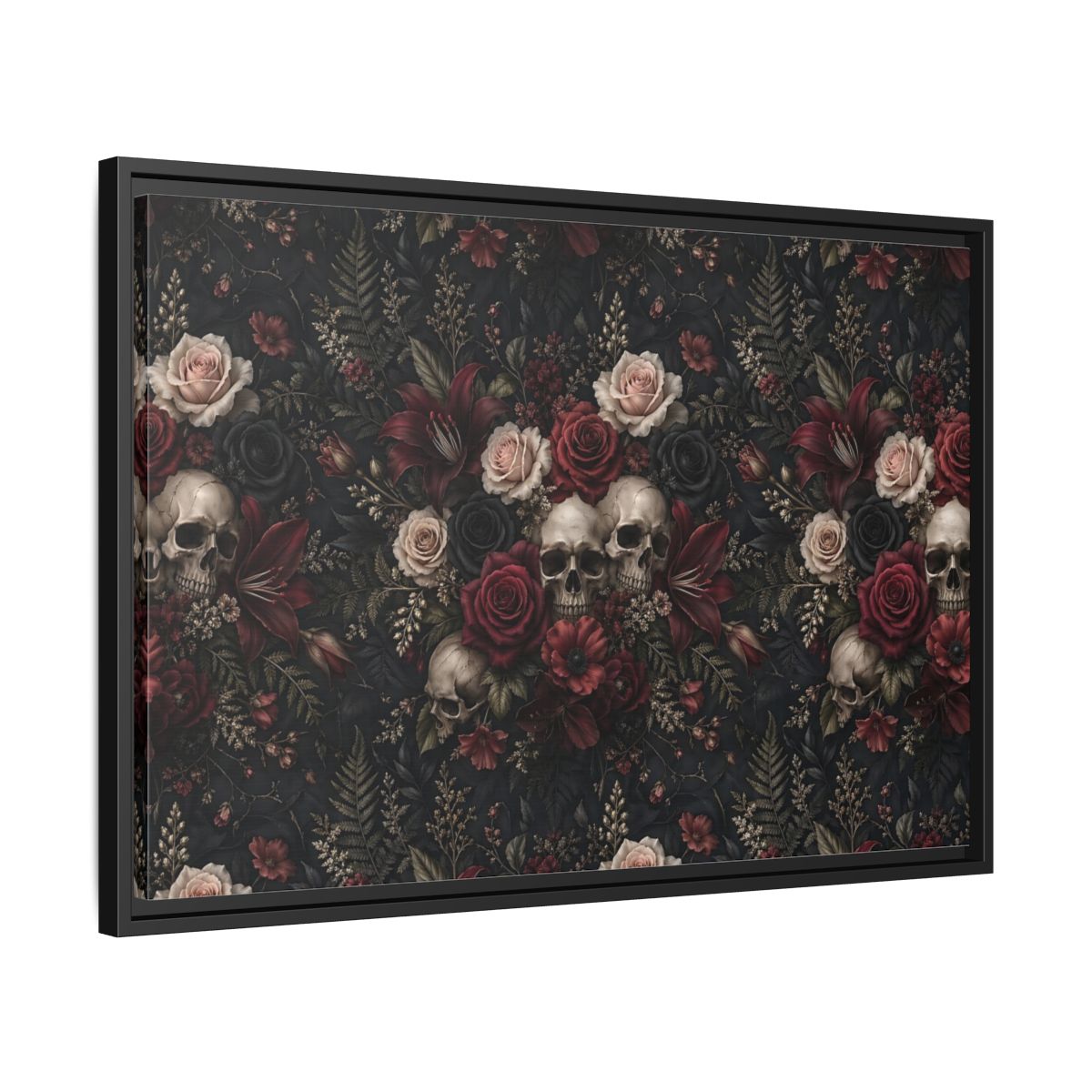 Side Mockup 14. Horror Floral Skulls Dark Floral Skulls shown as stretched canvas wall art