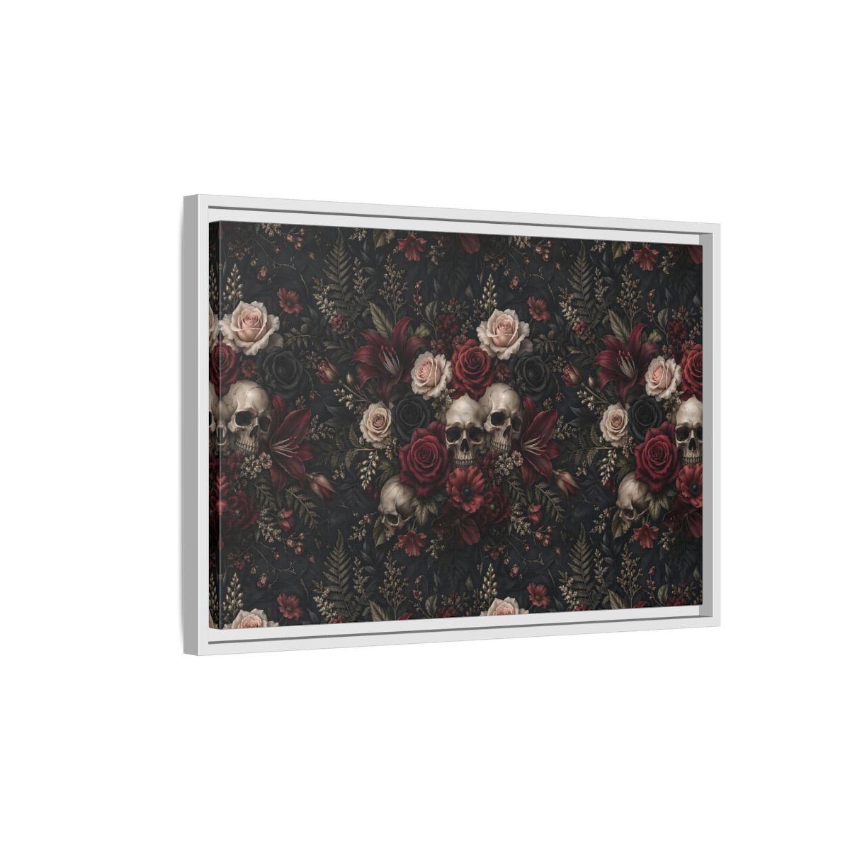 Side Mockup 1. Horror Floral Skulls Dark Floral Skulls shown as stretched canvas wall art