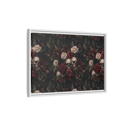 Side Mockup 1. Horror Floral Skulls Dark Floral Skulls shown as stretched canvas wall art