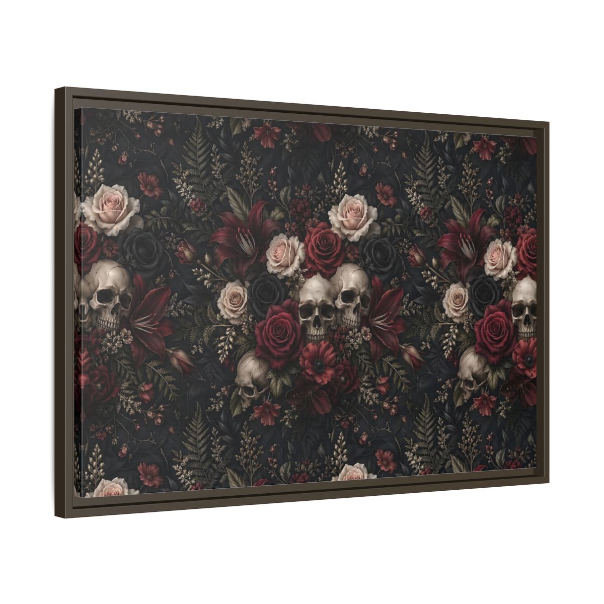 Side Mockup 11. Horror Floral Skulls Dark Floral Skulls shown as stretched canvas wall art