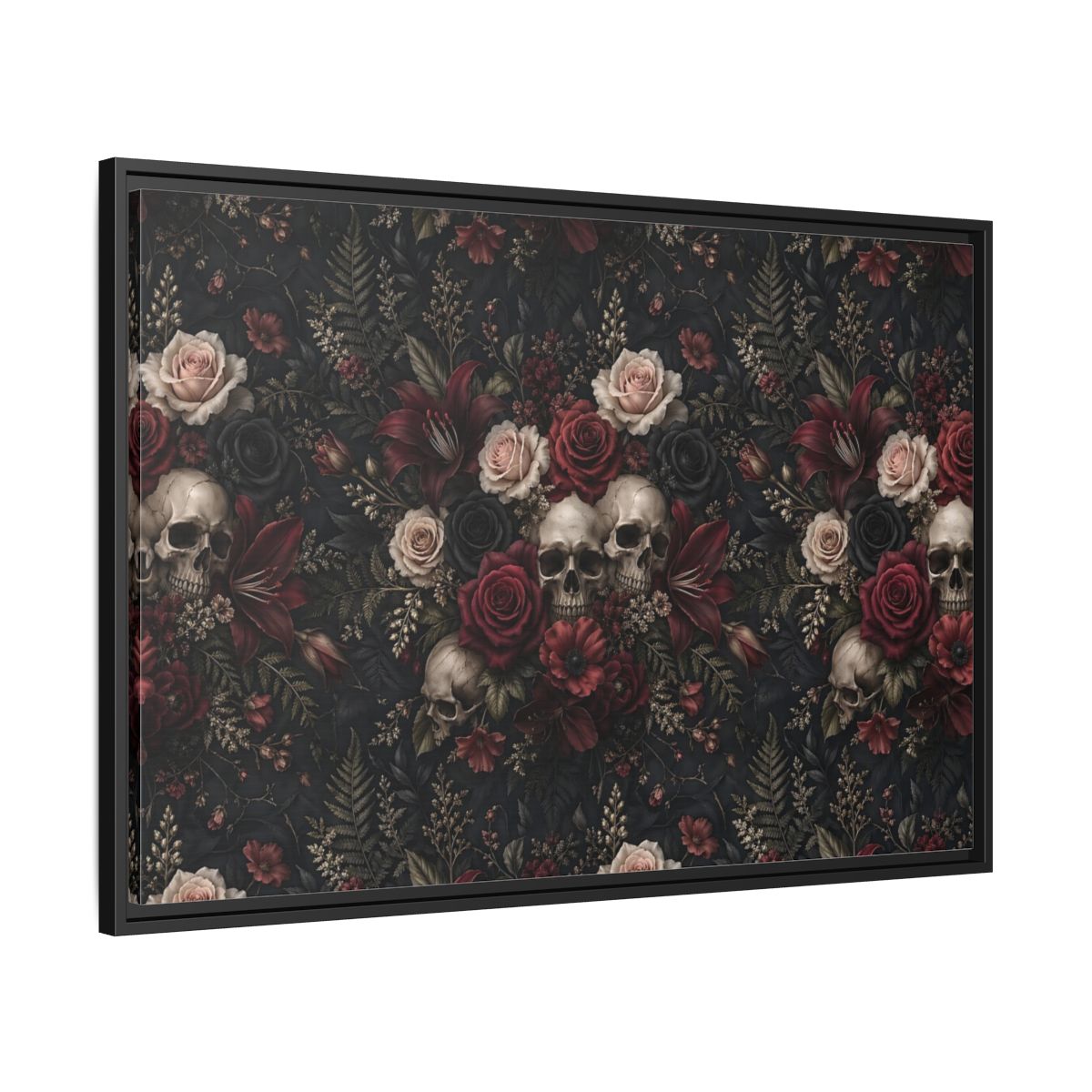 Side Mockup 13. Horror Floral Skulls Dark Floral Skulls shown as stretched canvas wall art