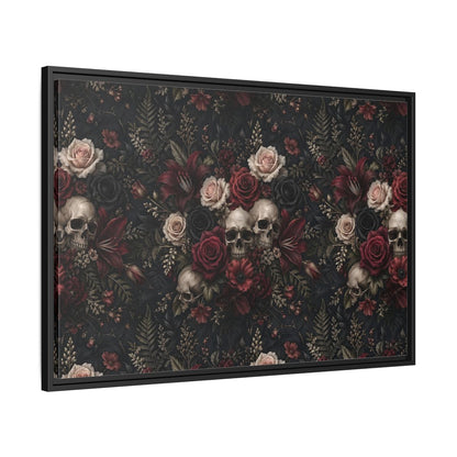 Side Mockup 13. Horror Floral Skulls Dark Floral Skulls shown as stretched canvas wall art