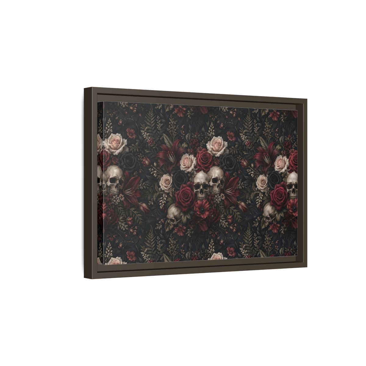 Side Mockup 5. Horror Floral Skulls Dark Floral Skulls shown as stretched canvas wall art