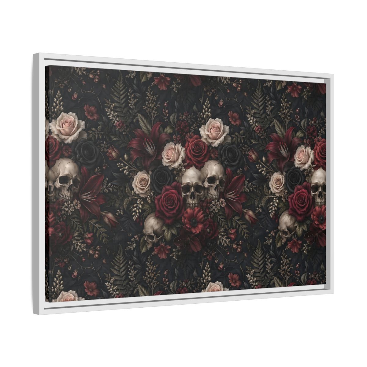 Side Mockup 10. Horror Floral Skulls Dark Floral Skulls shown as stretched canvas wall art