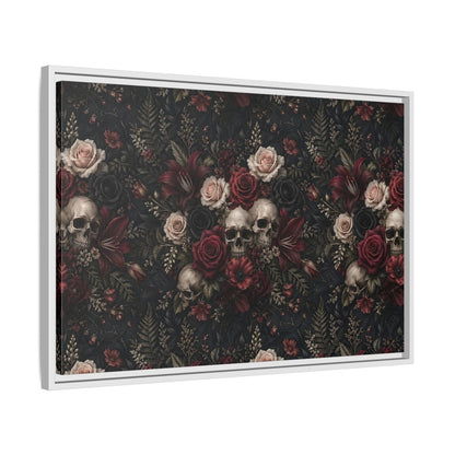 Side Mockup 10. Horror Floral Skulls Dark Floral Skulls shown as stretched canvas wall art
