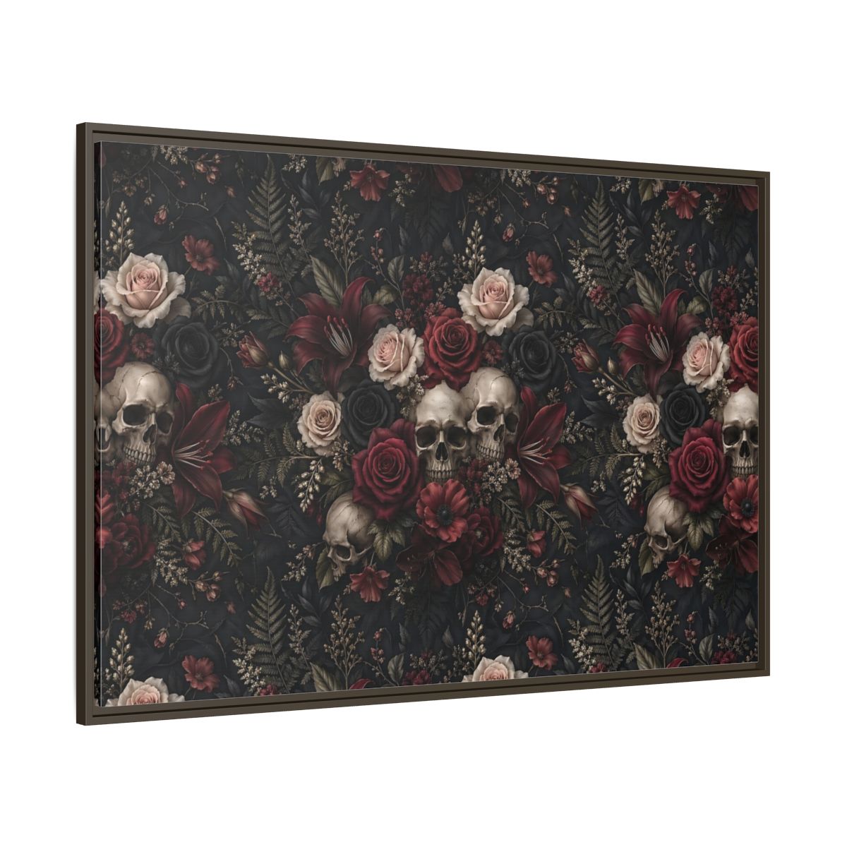 Side Mockup 8. Horror Floral Skulls Dark Floral Skulls shown as stretched canvas wall art