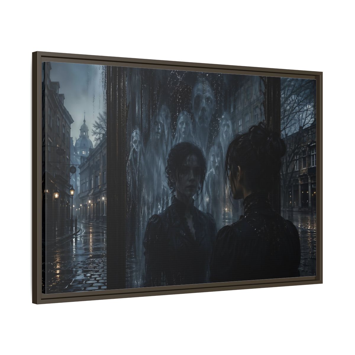 Main Mockup. Horror Ghostly Reflection Dark And Moody shown as stretched canvas wall art