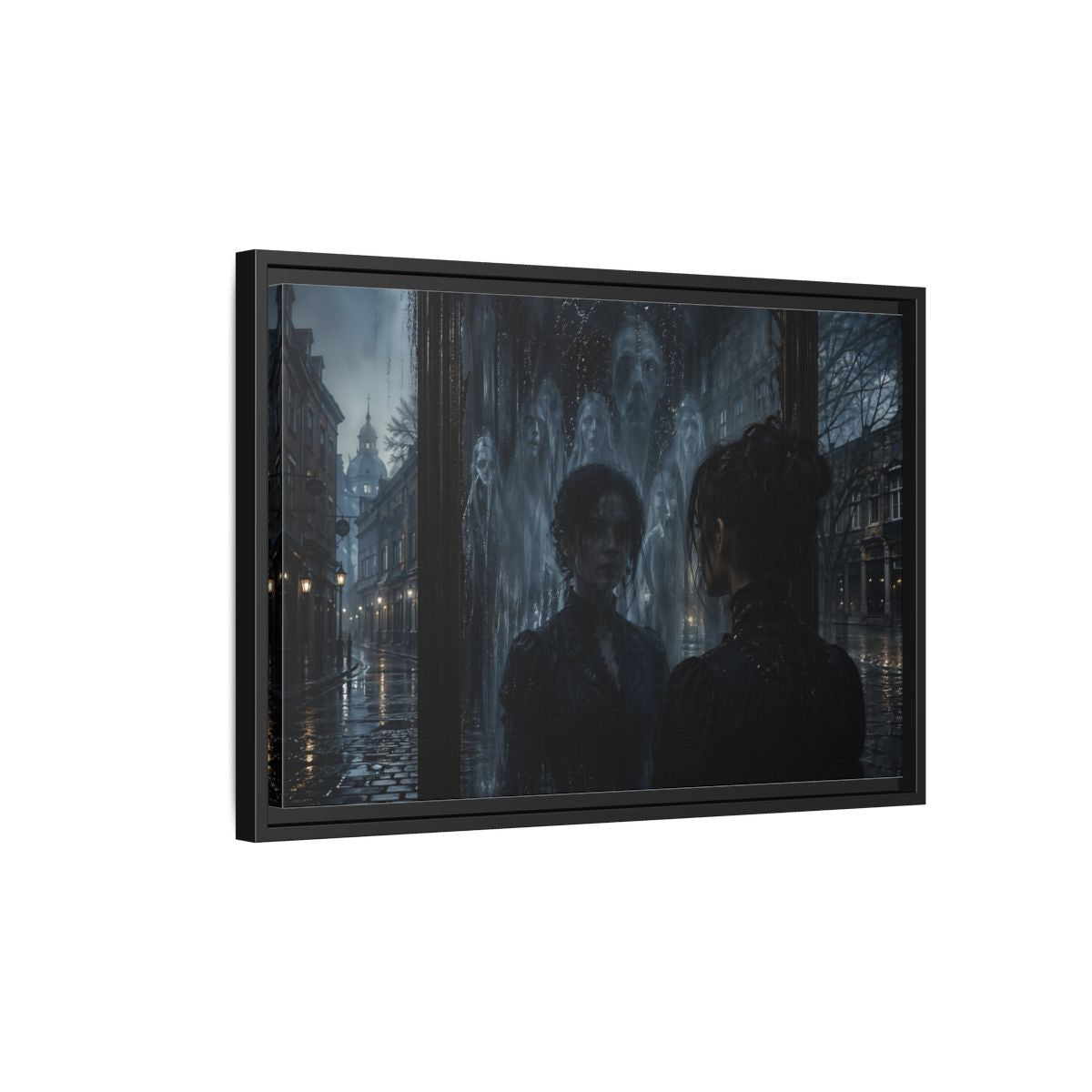 Side Mockup 3. Horror Ghostly Reflection Dark And Moody shown as stretched canvas wall art