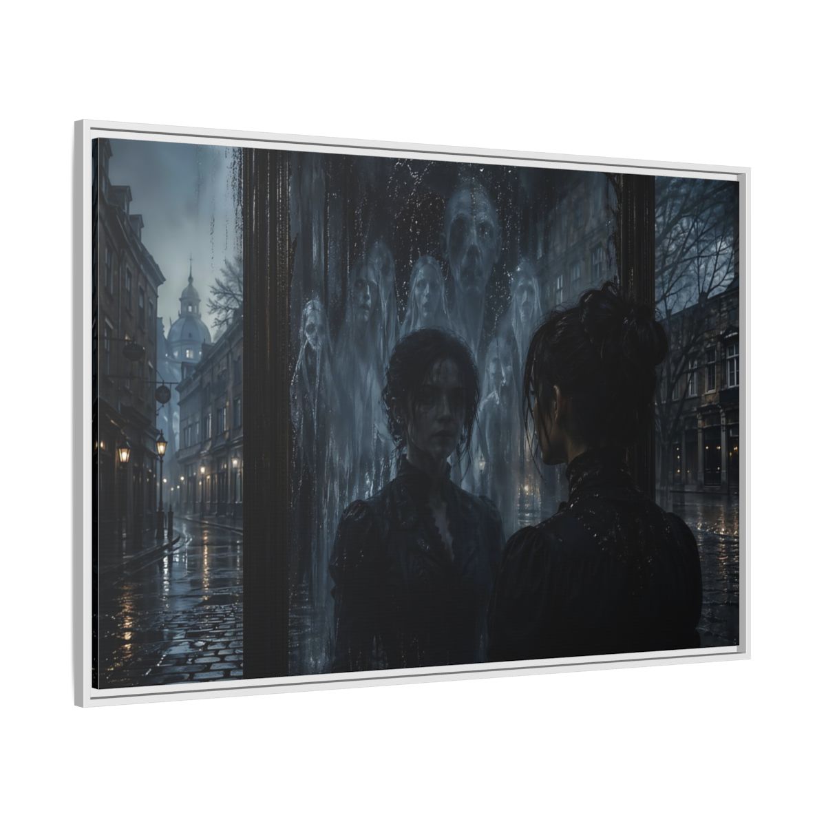 Side Mockup 7. Horror Ghostly Reflection Dark And Moody shown as stretched canvas wall art
