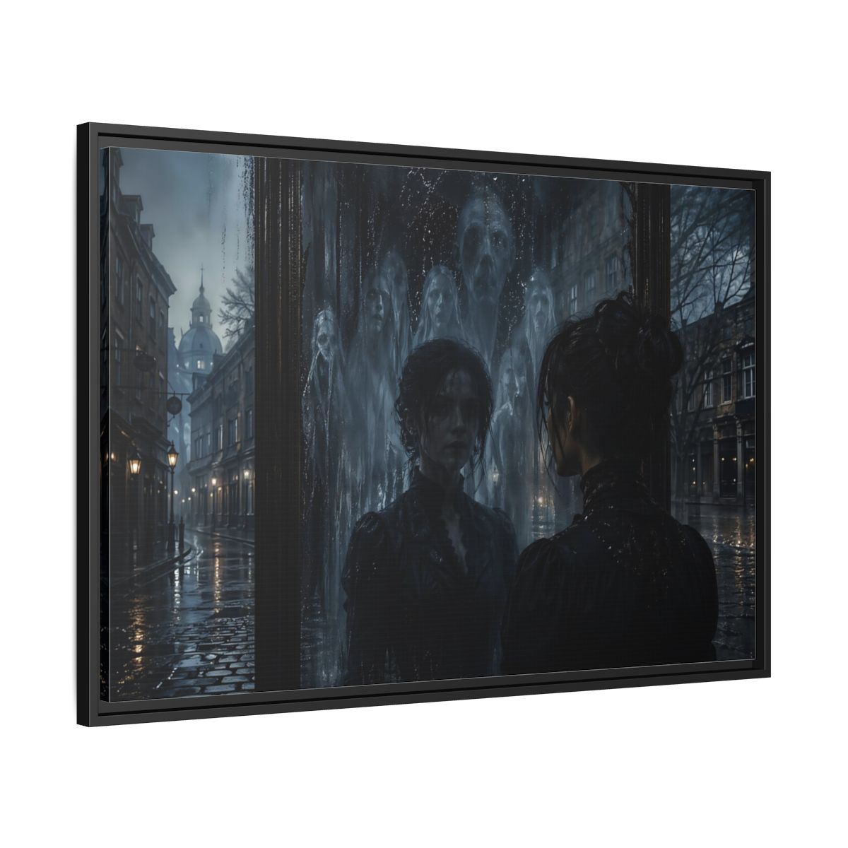Side Mockup 13. Horror Ghostly Reflection Dark And Moody shown as stretched canvas wall art