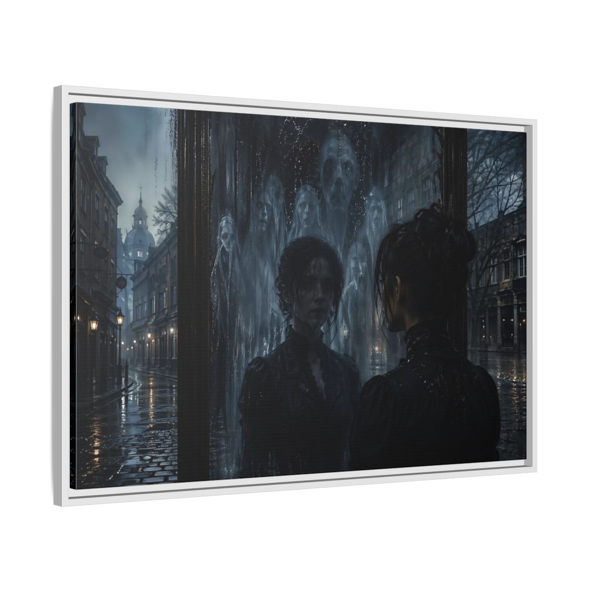 Side Mockup 9. Horror Ghostly Reflection Dark And Moody shown as stretched canvas wall art