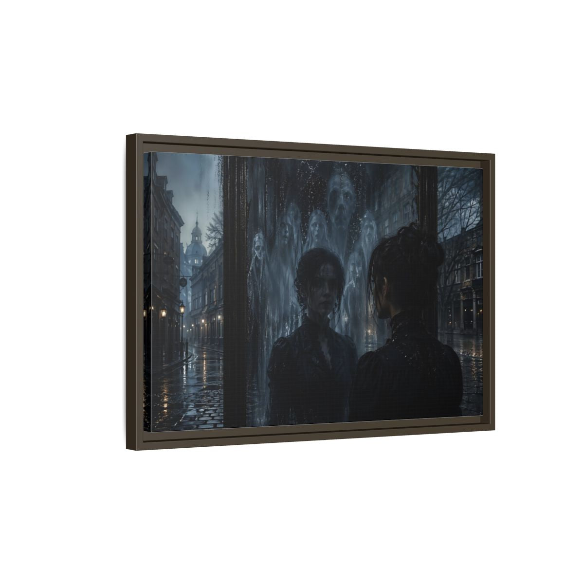 Side Mockup 2. Horror Ghostly Reflection Dark And Moody shown as stretched canvas wall art
