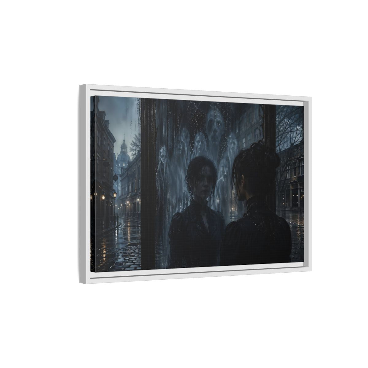 Side Mockup 1. Horror Ghostly Reflection Dark And Moody shown as stretched canvas wall art