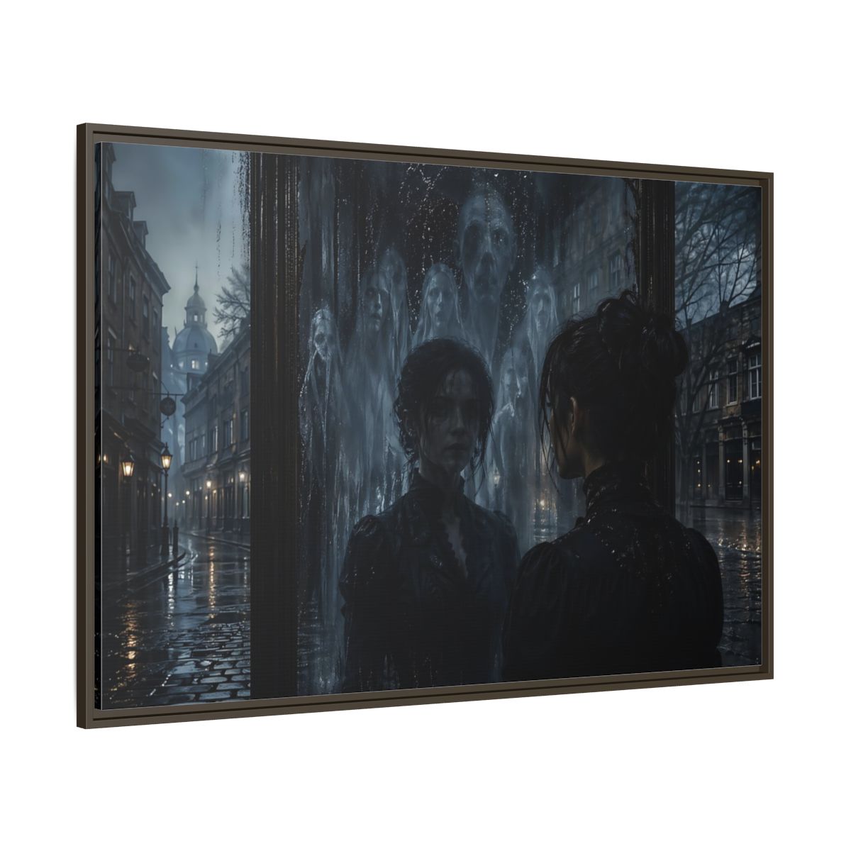 Side Mockup 8. Horror Ghostly Reflection Dark And Moody shown as stretched canvas wall art
