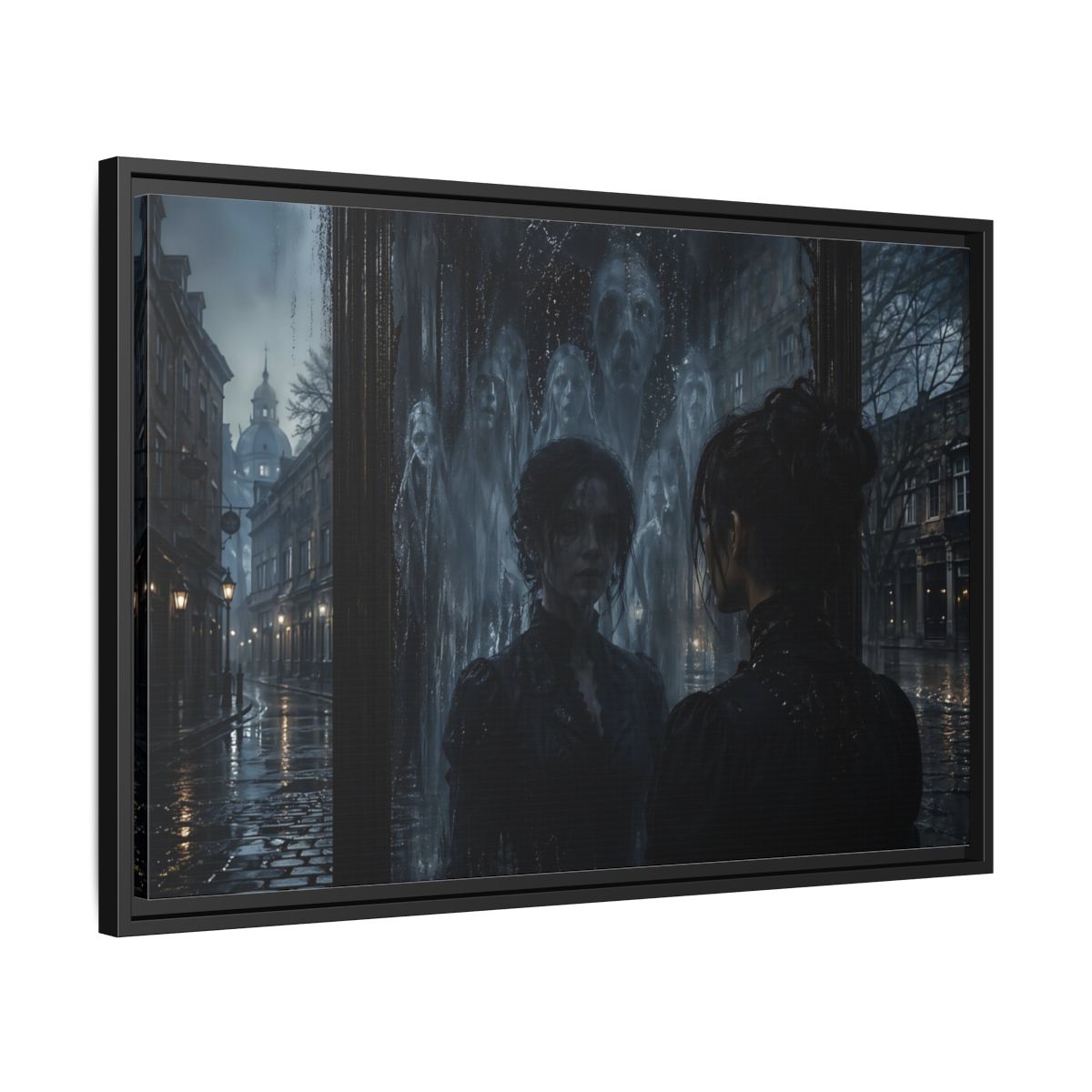 Side Mockup 14. Horror Ghostly Reflection Dark And Moody shown as stretched canvas wall art