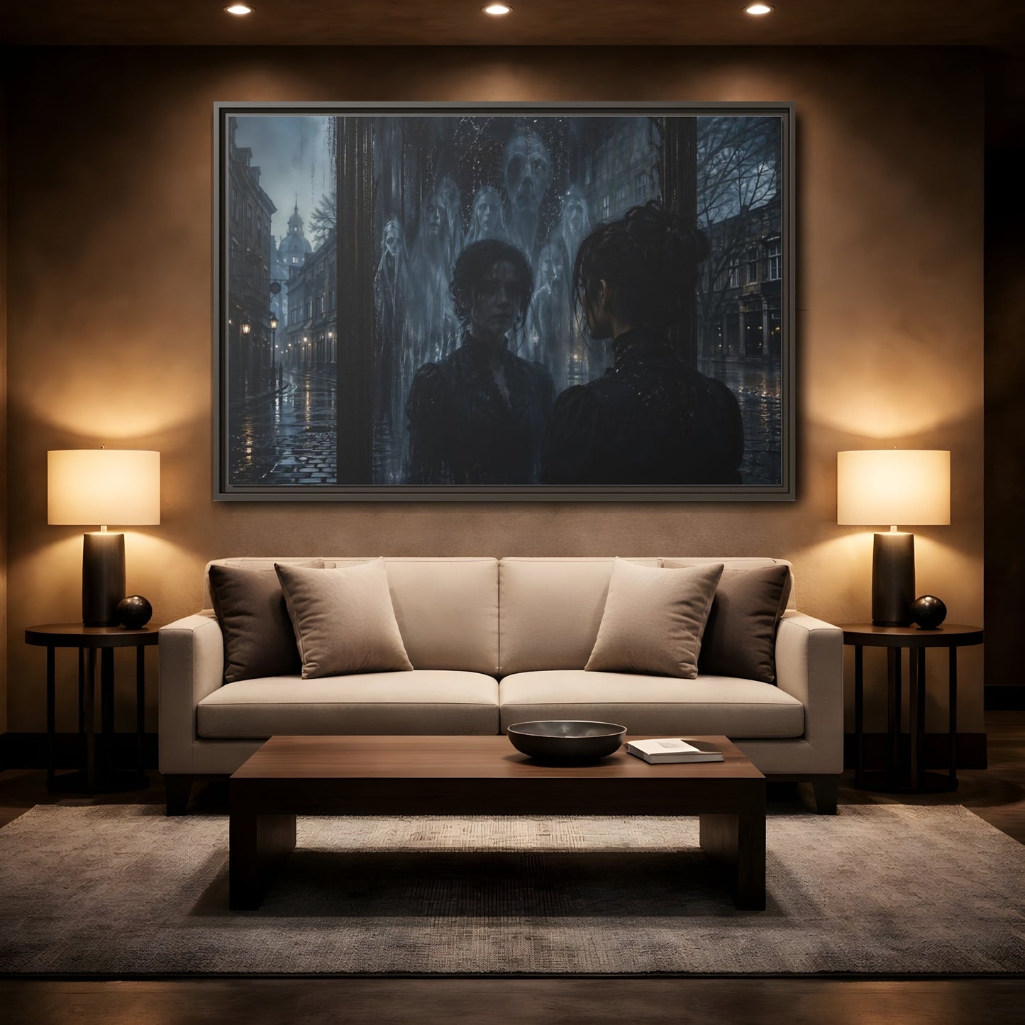 Mockup 2. Horror Ghostly Reflection Dark And Moody shown as stretched canvas wall art