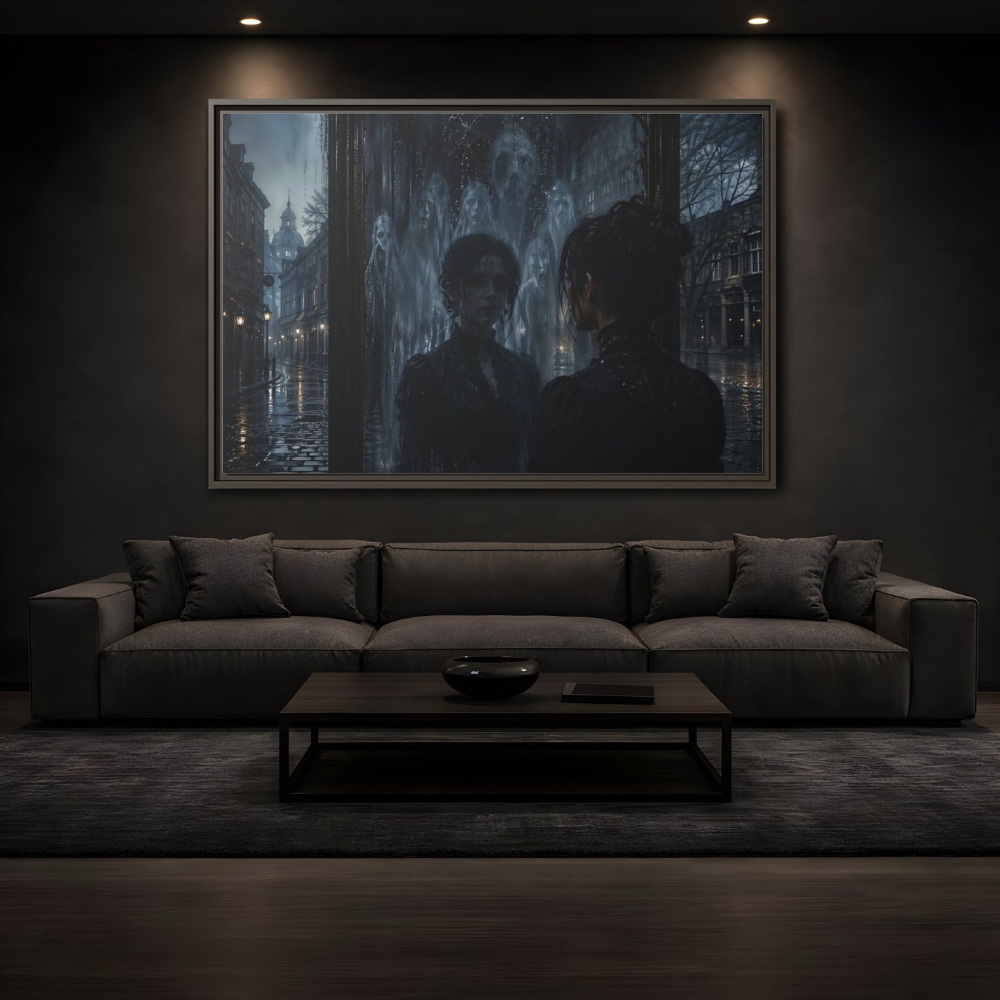 Mockup 3. Horror Ghostly Reflection Dark And Moody shown as stretched canvas wall art
