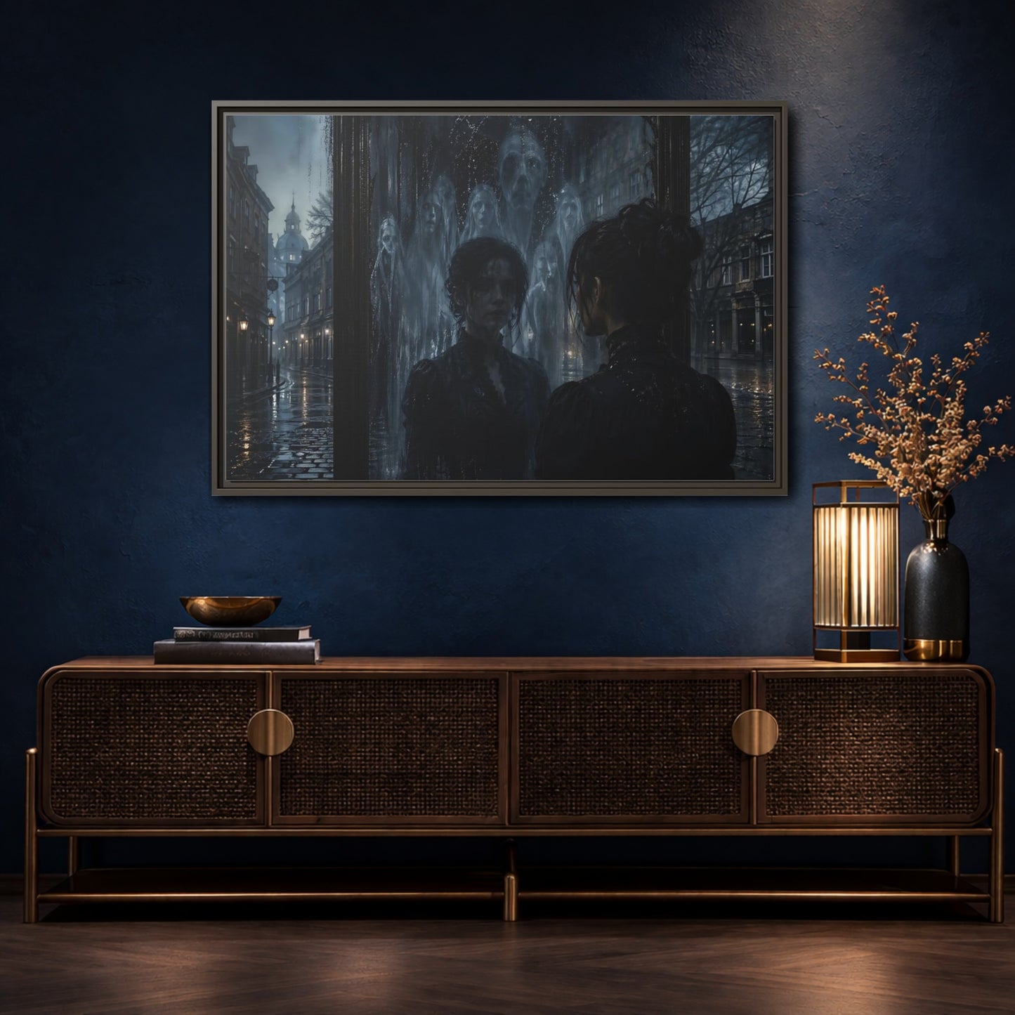 Mockup 4. Horror Ghostly Reflection Dark And Moody shown as stretched canvas wall art