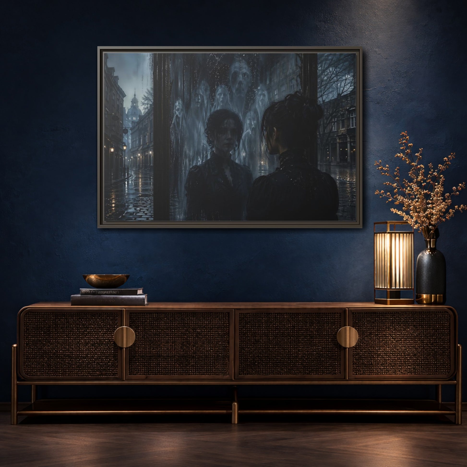 Mockup 4. Horror Ghostly Reflection Dark And Moody shown as stretched canvas wall art