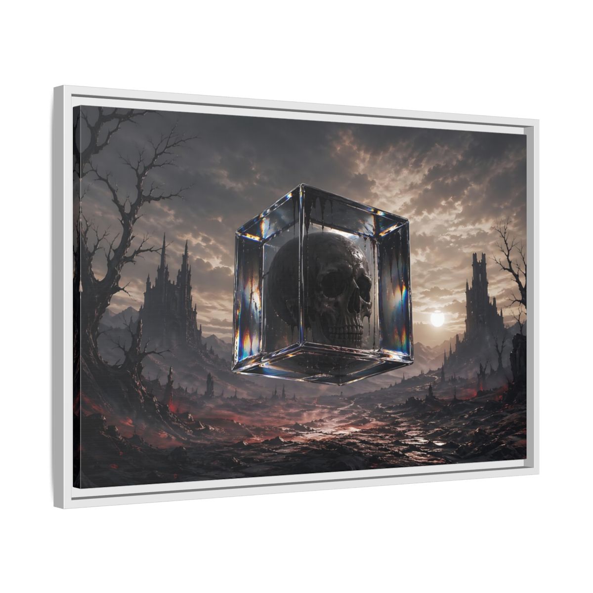 Side Mockup 10. Horror Skull Dark Fantasy Skull shown as stretched canvas wall art