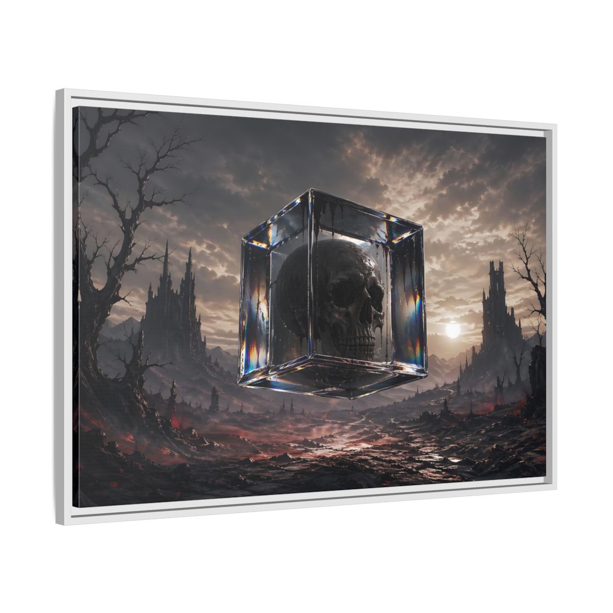 Side Mockup 9. Horror Skull Dark Fantasy Skull shown as stretched canvas wall art