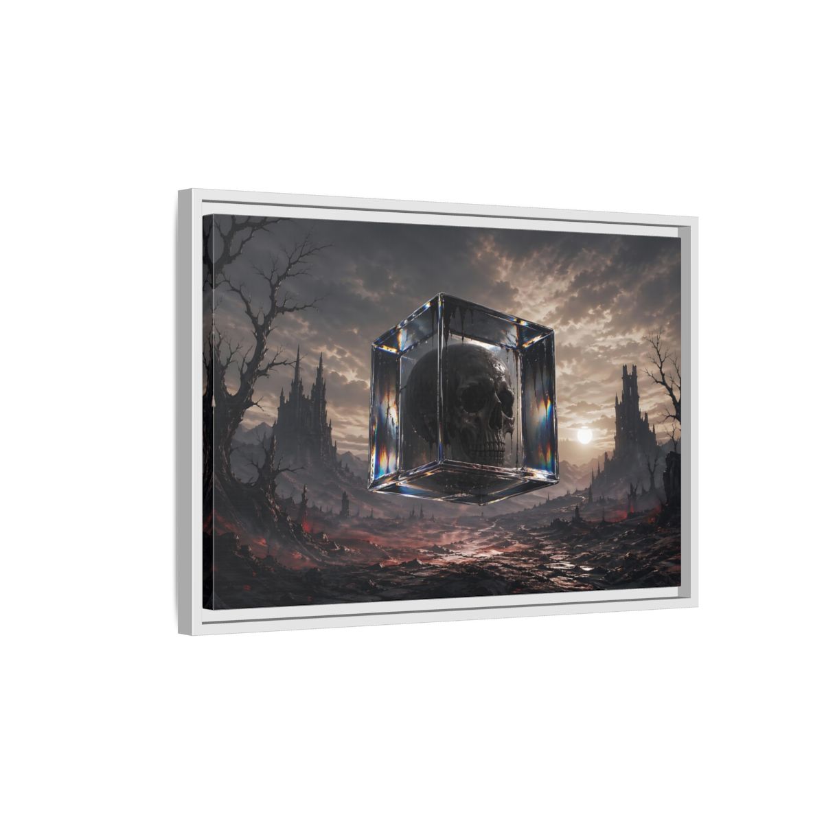 Side Mockup 1. Horror Skull Dark Fantasy Skull shown as stretched canvas wall art