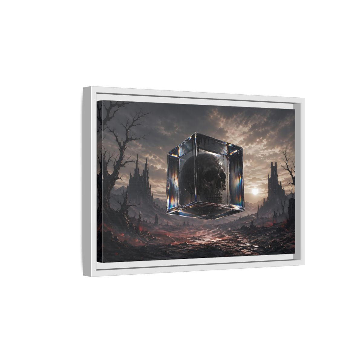 Side Mockup 4. Horror Skull Dark Fantasy Skull shown as stretched canvas wall art