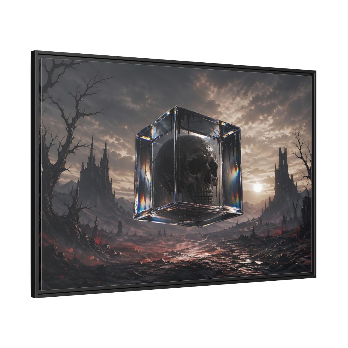 Side Mockup 12. Horror Skull Dark Fantasy Skull shown as stretched canvas wall art
