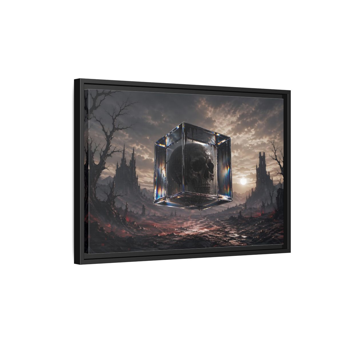 Side Mockup 3. Horror Skull Dark Fantasy Skull shown as stretched canvas wall art