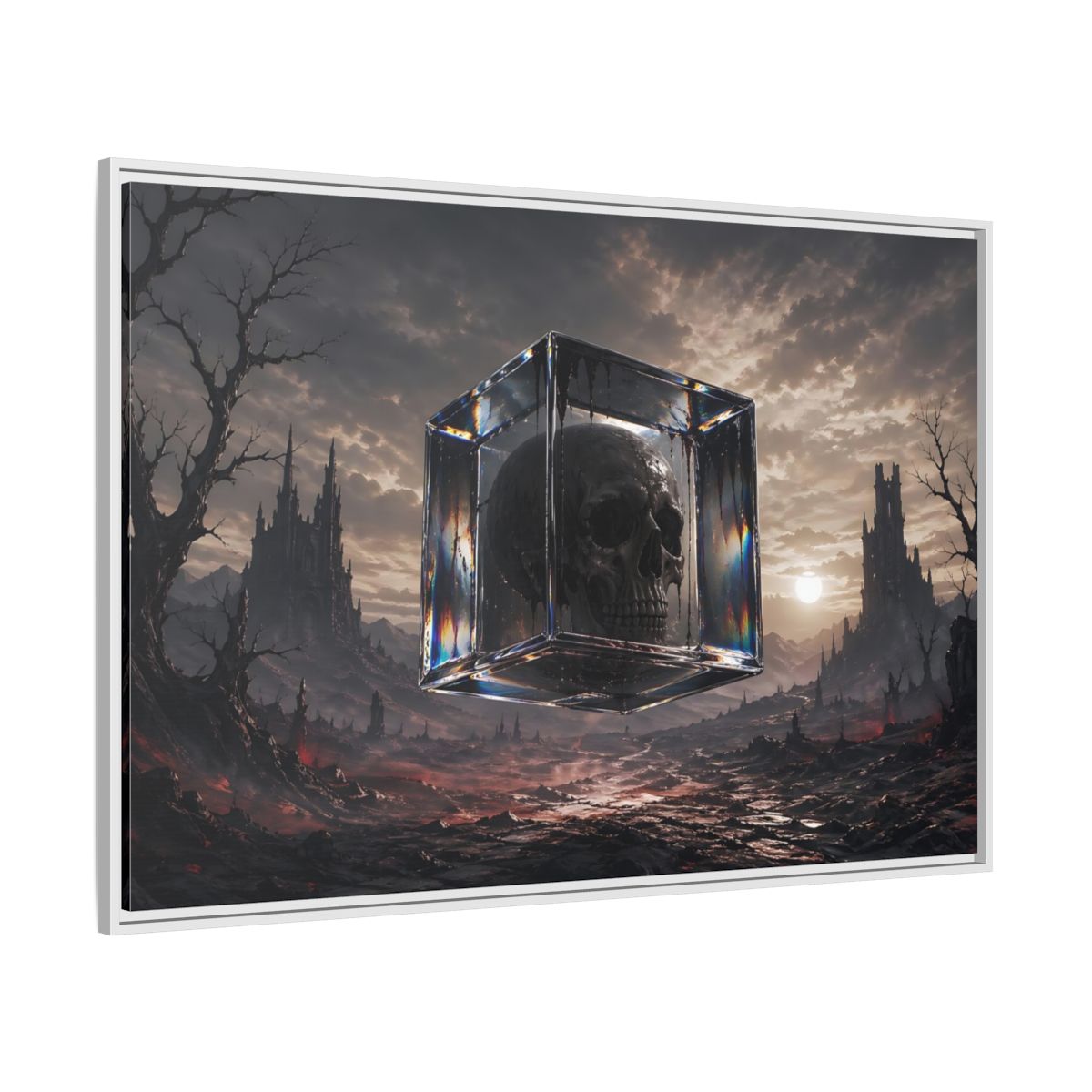 Side Mockup 7. Horror Skull Dark Fantasy Skull shown as stretched canvas wall art