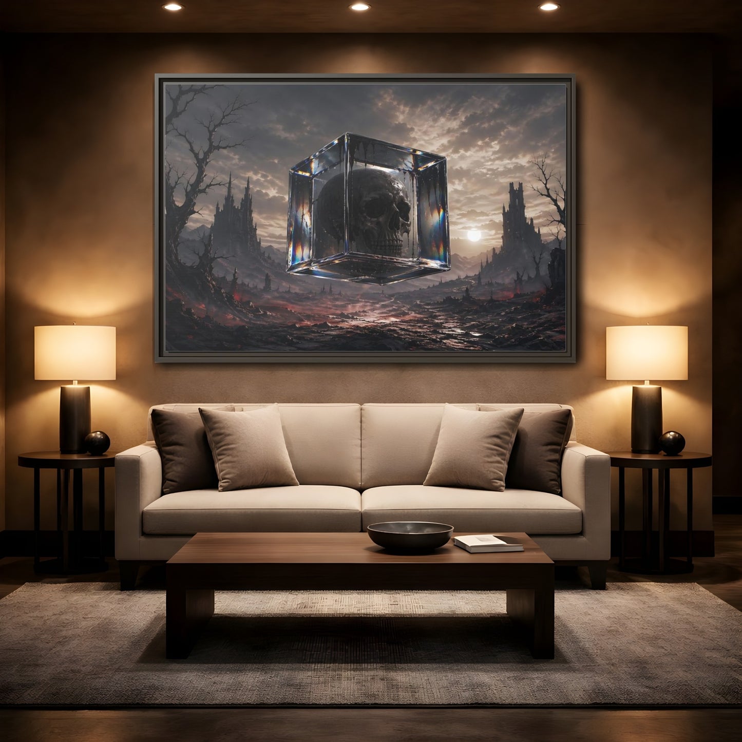 Mockup 2. Horror Skull Dark Fantasy Skull shown as stretched canvas wall art